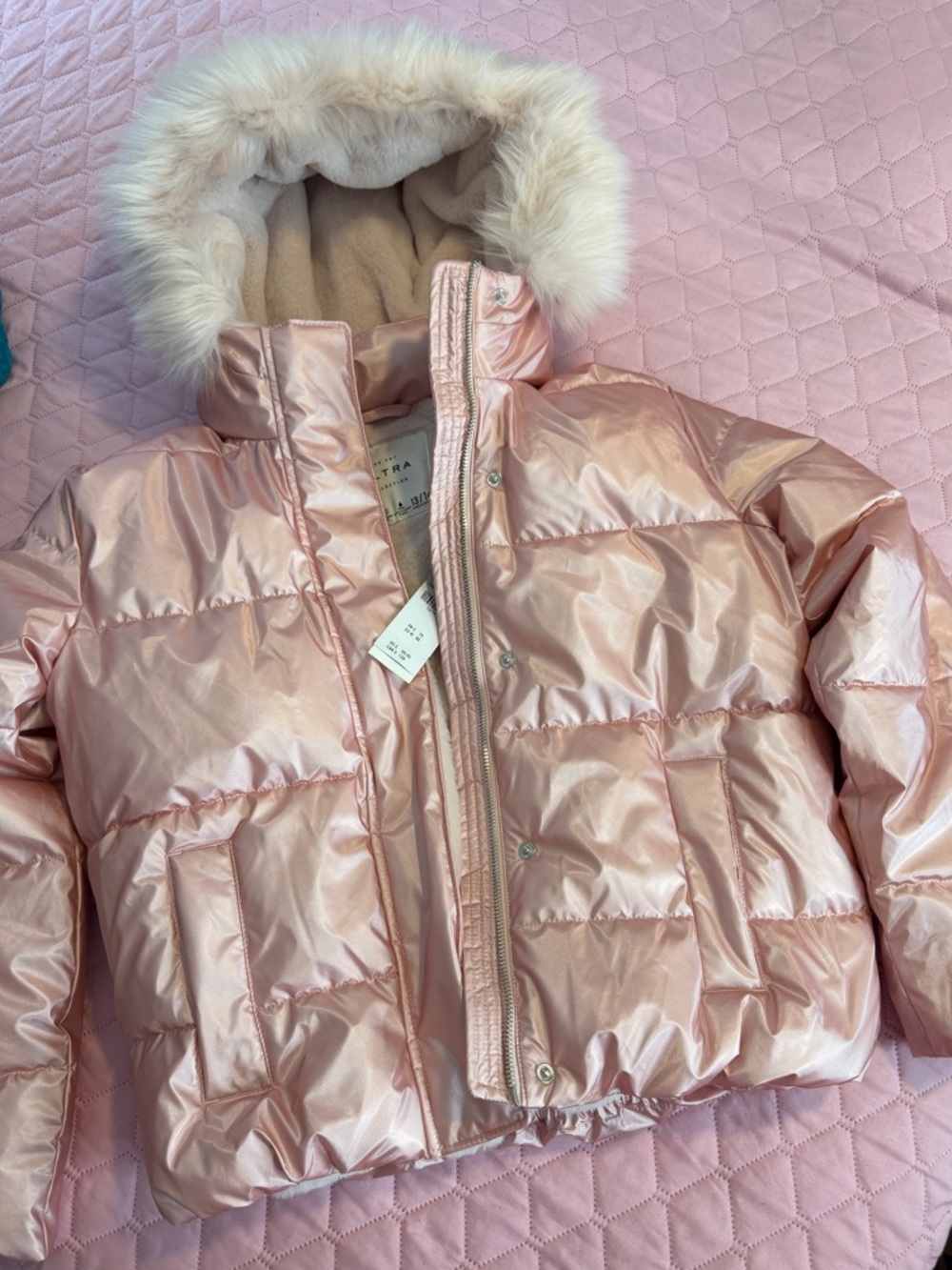abercrombie kids Shiny Pale Pink Puffer Jacket with Faux Fur Hood